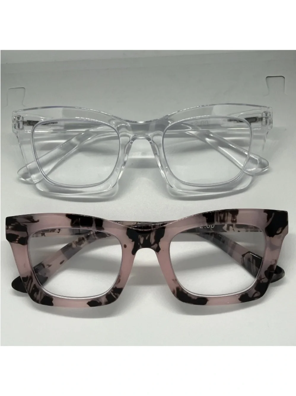 2 Pr. Oversized Pink Paint & Clear 2.25 Women Reading Glasses Square Readers New